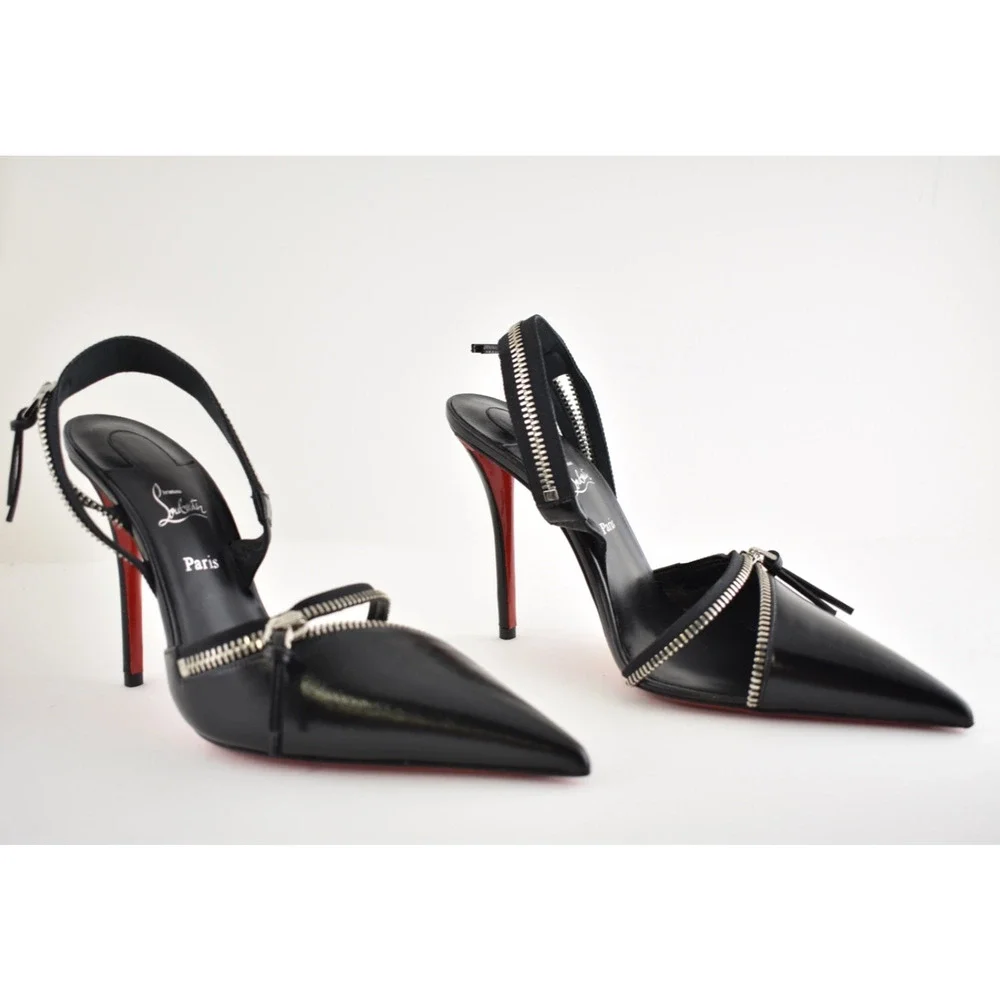 Christian Louboutin Slingyzip 100 Black Leather Zipper Slingback Heel Pump 36